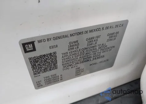 2019 Chevrolet Trax Ls из США, поврежденный, VIN 3GNCJKSB6KL343655